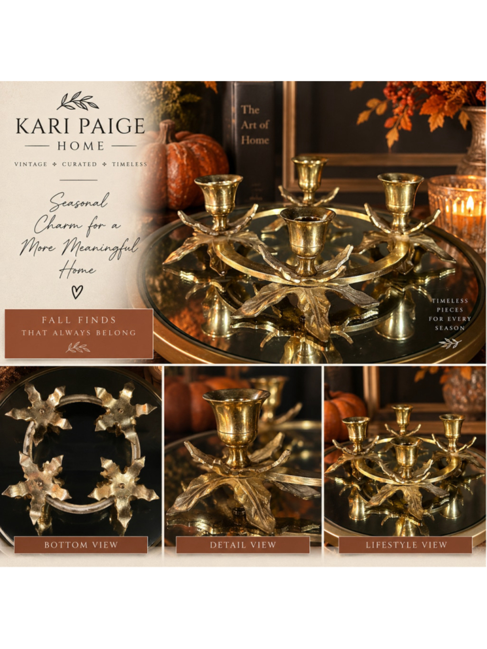 Vintage Brass Holly Leaf 4 Candle Holder Centerpiece Christmas Holiday Decor